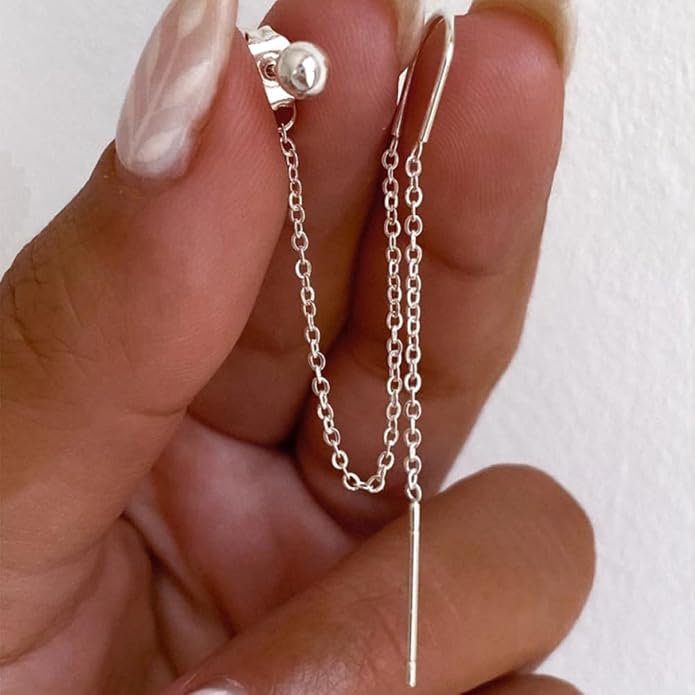 Sterling Silver Threader Chain Earrings for Women Girls Long Chains Tassel Dangle Drop Double Piercing Studs Earring Hypoallergenic Cute Birthday Holiday Travel Accessories Jewelry Gifts