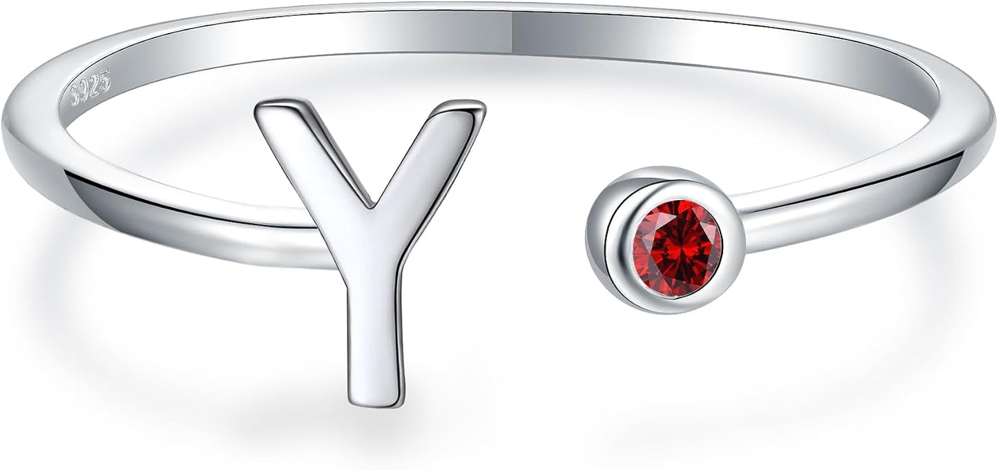 925 Sterling Silver Initial Letter Birthstone Rings for Women Adjustable 1-12 Month Birthstone Alphabet Stacking Ring for Teens Girls Stackable Birthstone Rings Birthday Jewelry Gift for Daughter Mom