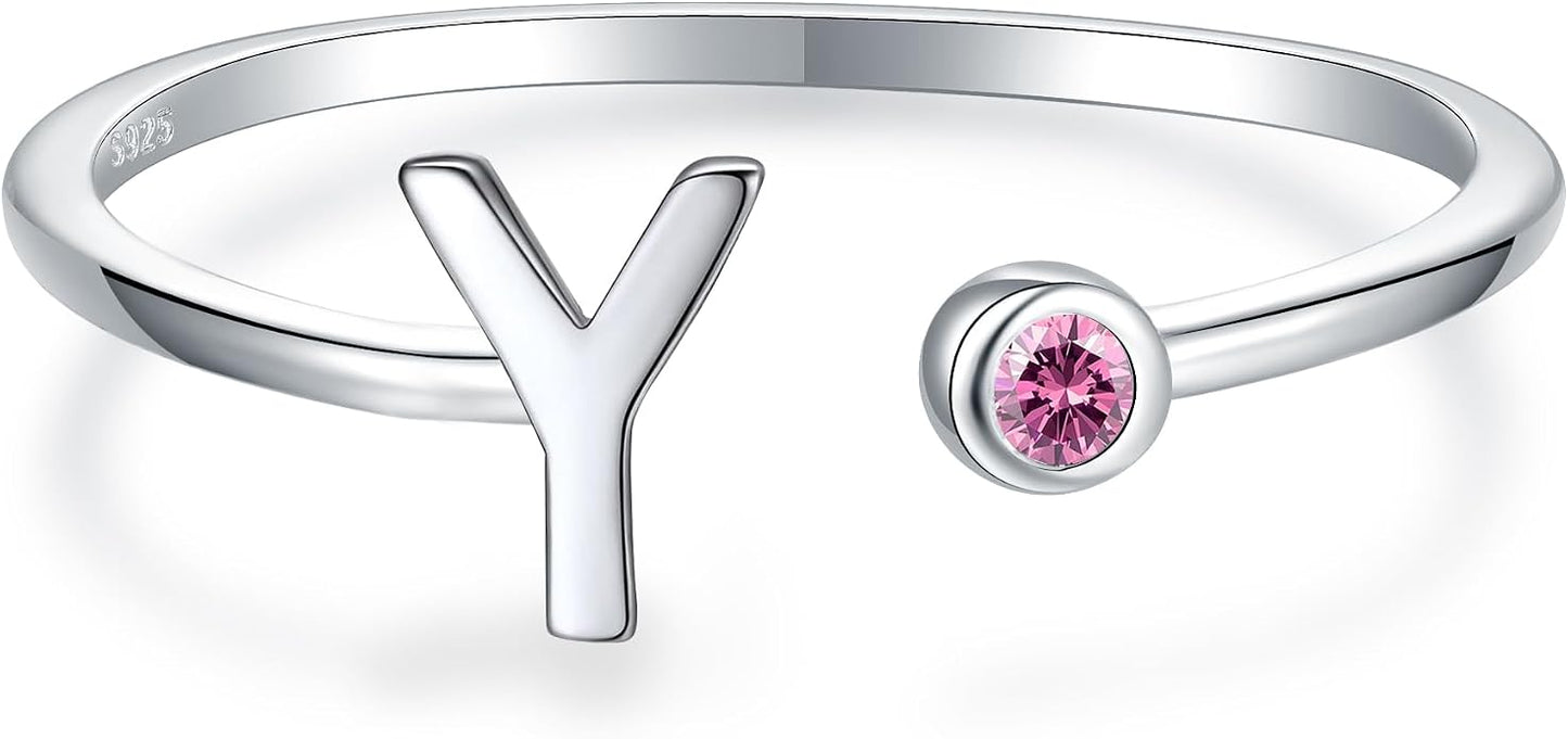 925 Sterling Silver Initial Letter Birthstone Rings for Women Adjustable 1-12 Month Birthstone Alphabet Stacking Ring for Teens Girls Stackable Birthstone Rings Birthday Jewelry Gift for Daughter Mom