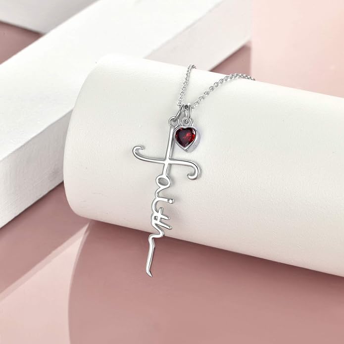 Faith Cross Necklace For Women Birthstone Sterling Silver with Simulated Birthstone Cross Jewelry Christian Gifts
