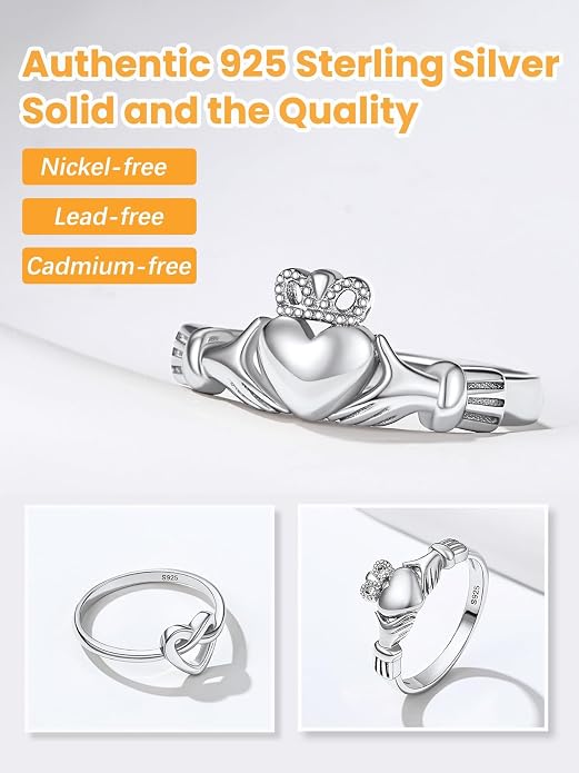 Bestyle 925 Sterling Silver Ring for Women, Minimalist Claddagh Ring Celtic Knot Ring for Women, Irish Promise Wedding Band, Gold/Rose Gold Vermeil Women Band Ring, Stackable, Gift for Her