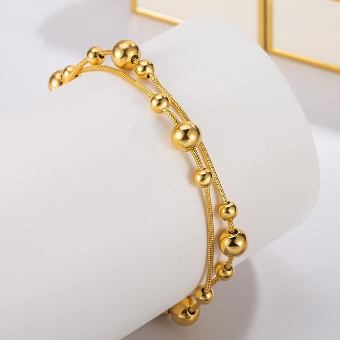 Womens Anklet 925 Sterling Silver Layered Anklet Bracelet Dainty Beaded Foot Chain Adjustable Summer 24k Gold Plated Beach Jewelry Gift
