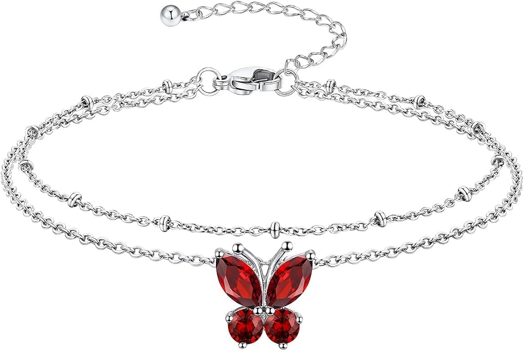 Richsteel Double Layer Heart/Butterfly Birthstone Anklet for Women Non Tarnish Waterproof, Silver/Gold/Black Stainless Steel 8.5-10.5 Inch Adjustable Chain Anklets Jewelry Gifts for Her