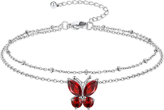 Richsteel Double Layer Heart/Butterfly Birthstone Anklet for Women Non Tarnish Waterproof, Silver/Gold/Black Stainless Steel 8.5-10.5 Inch Adjustable Chain Anklets Jewelry Gifts for Her