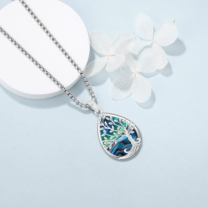 Aniu Tree of Life Necklace for Women, 925 Sterling Silver Mother of Pearl Family Palm Tree Charm Pendant Jewelry for Birthday Christmas Gift