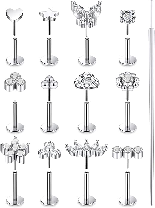 14K Gold Filled 20G 18G 16G Threadless Flat Back Earrings Studs Surgical Stainless Steel Clear CZ Push In Nose Rings Studs Tragus Helix Conch Cartilage Earrings Piercing Jewelry For Women Men