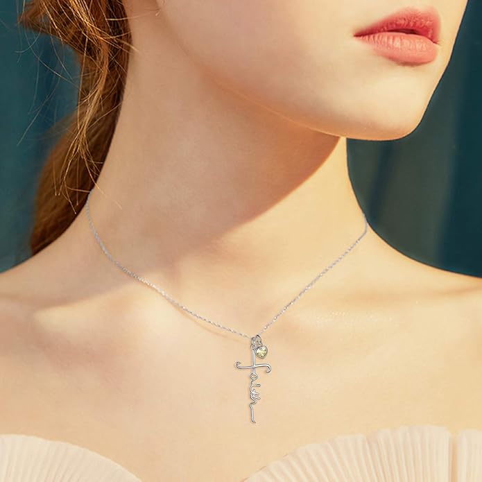 Faith Cross Necklace For Women Birthstone Sterling Silver with Simulated Birthstone Cross Jewelry Christian Gifts