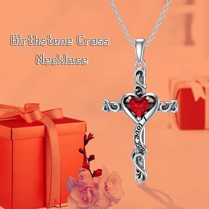 TOUPOP Cross Birthstone Necklace for Women 925 Sterling Silver Heart Cross Pendant I Love You Jewelry Anniversary Birthday Mothers Day Gifts for Mom Wife Her