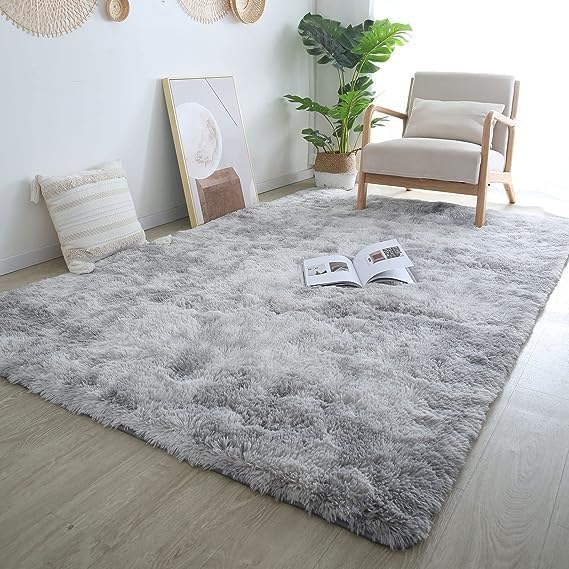 Grey Shag Area Rug 4x6 Bedroom - Soft Fluffy Carpet Tie-Dyed Light Gray | Artistic Tie-Dye Light Gray Unique Gradient Pattern Adds a Creative, Calming Touch That Blends Into Any Modern Bedroom Decor