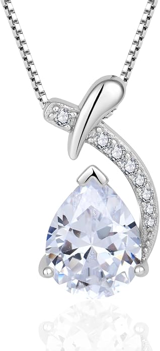 Teardrop Birthstone Necklace for Women,925 Sterling Silver Pear Cut Zircon Gemstone Pendant Necklace for Birthday Engagement Anniversary Wedding Jewelry