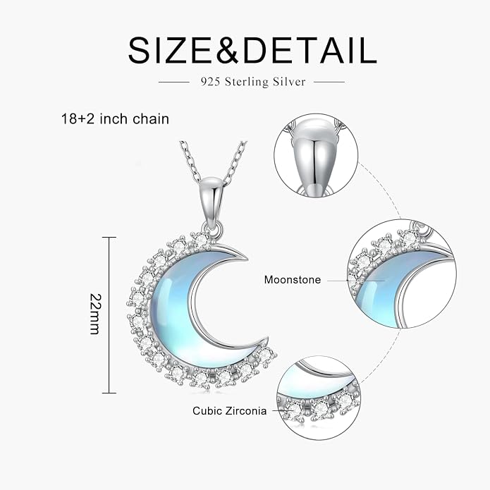 Dainty Moonstone Moon Simple 925 Sterling Silver Pendant Necklace for Women, Jewelry for Women Mother, Birthday Gift, with 18+2inch
