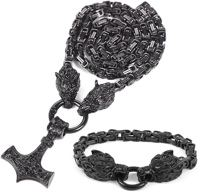 Viking Wolf Head Thor’s Hammer Pendant Necklace – Stainless Steel Norse Amulet Jewelry for Men, Nickel-Free, Gift Box Included