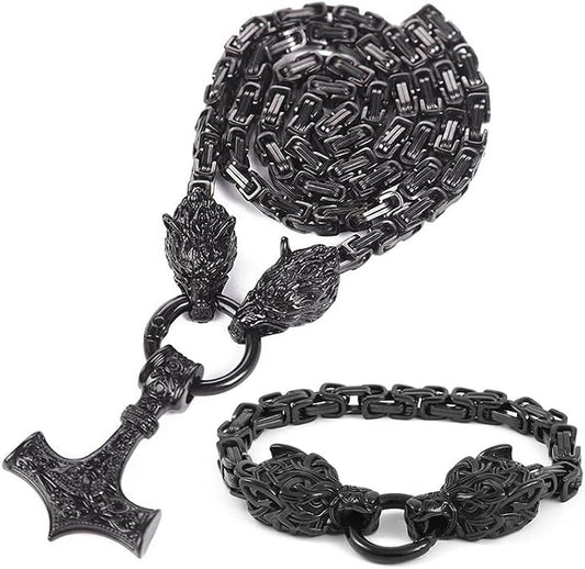 Viking Wolf Head Thor’s Hammer Pendant Necklace – Stainless Steel Norse Amulet Jewelry for Men, Nickel-Free, Gift Box Included