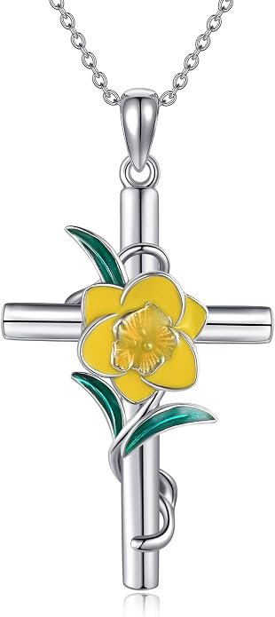 Flower Cross Necklace 925 Sterling Silver Carnation/Rose/Lily/Daisy Cross Necklace Birth Flower Jewelry for Women