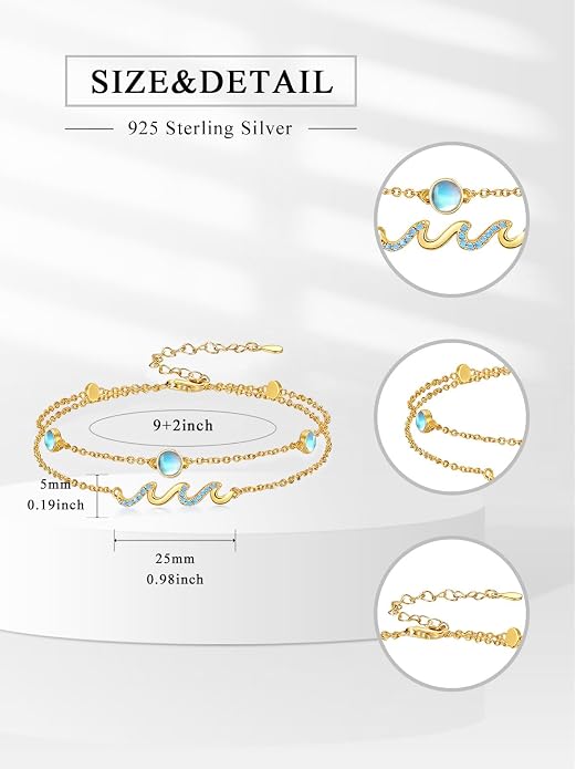 Wave/Dolphin Bracelet/Sea Turtles Anklet 925 Sterling Silver Adjustable Moonstone Bracelet/Anklet Summer Ocean Jewelry Gifts for Women