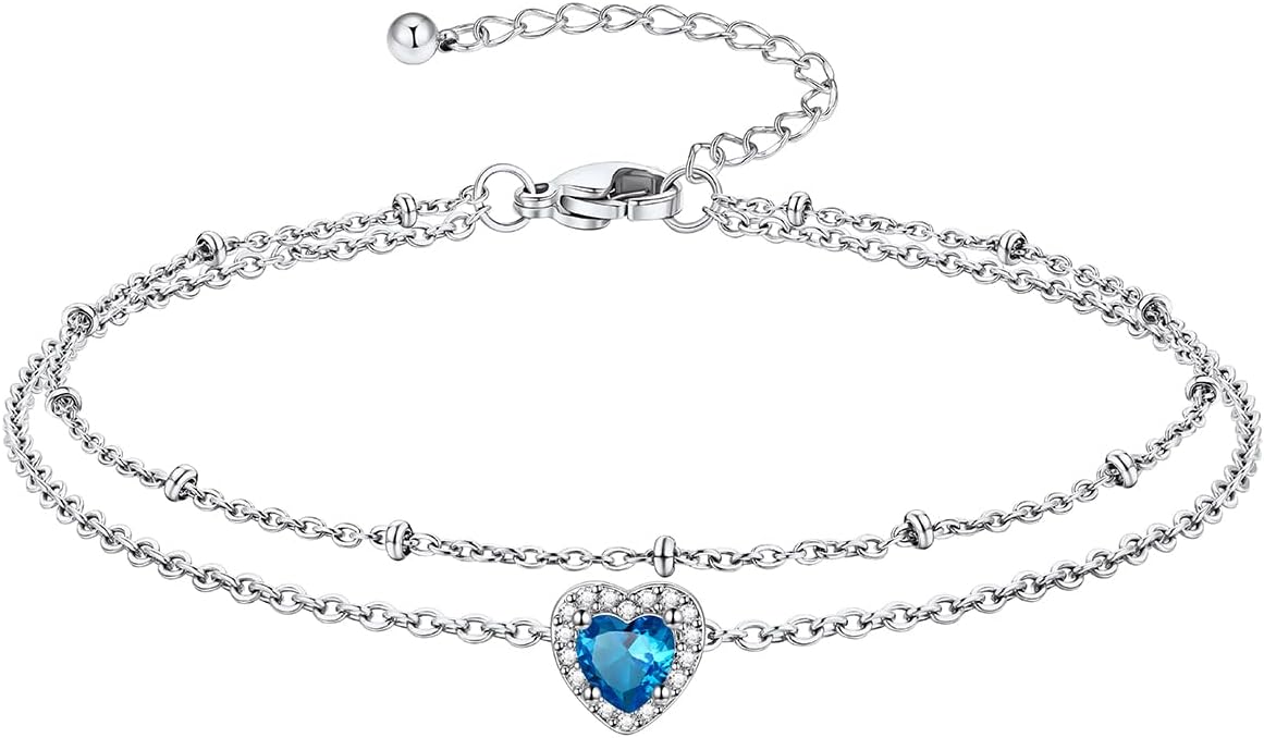 Richsteel Double Layer Heart/Butterfly Birthstone Anklet for Women Non Tarnish Waterproof, Silver/Gold/Black Stainless Steel 8.5-10.5 Inch Adjustable Chain Anklets Jewelry Gifts for Her