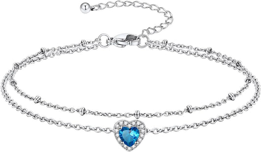 Richsteel Double Layer Heart/Butterfly Birthstone Anklet for Women Non Tarnish Waterproof, Silver/Gold/Black Stainless Steel 8.5-10.5 Inch Adjustable Chain Anklets Jewelry Gifts for Her