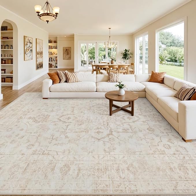 8x10 Area Rugs for Living Room: Vintage Boho Neutral Washable Rug Indoor Soft Large Area Rug Carpet for Bedroom Nursery Farmhouse Dining Room Office Floor Non-Slip Low Pile Under Table Rug Warm Beige