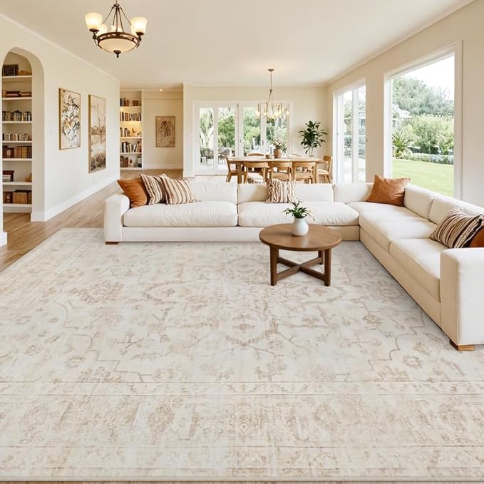 10x12 Area Rug for Living Room: Vintage Boho Neutral Washable Rug Indoor Soft Large Area Rug Carpet for Bedroom Nursery Farmhouse Dining Room Office Floor Non-Slip Low Pile Under Table Rug Warm Beige