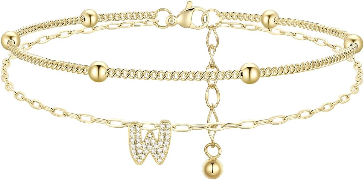 FindChic Silver/14K Gold Plated Layered CZ Initial Ankle Bracelet for Women | Waterproof Stainless Steel, Cubic Zirconia Letter Charm, Non-Tarnish, Hypoallergenic, Adjustable Extender, Summer Jewelry
