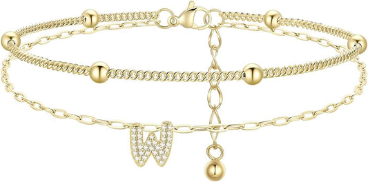 FindChic Silver/14K Gold Plated Layered CZ Initial Ankle Bracelet for Women | Waterproof Stainless Steel, Cubic Zirconia Letter Charm, Non-Tarnish, Hypoallergenic, Adjustable Extender, Summer Jewelry