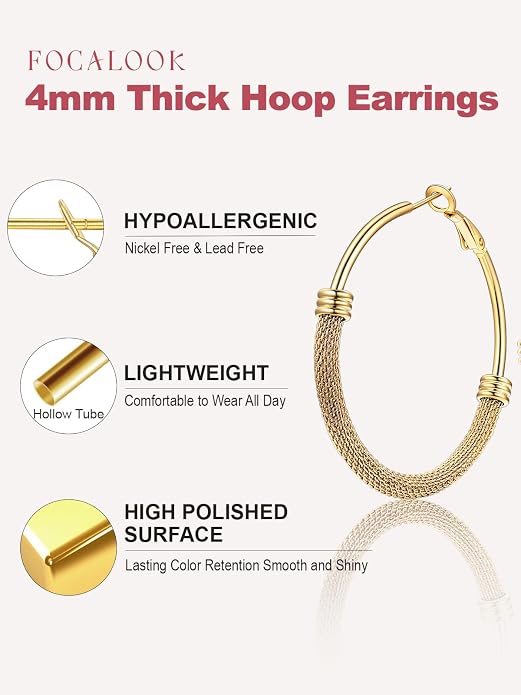 FOCALOOK 14K Gold Plated Hoop Earrings, Lightweight Hypoallergenic Large Stainless Steel Black Hoops Earrings for Women 20/30/40/50/60/70/80mm