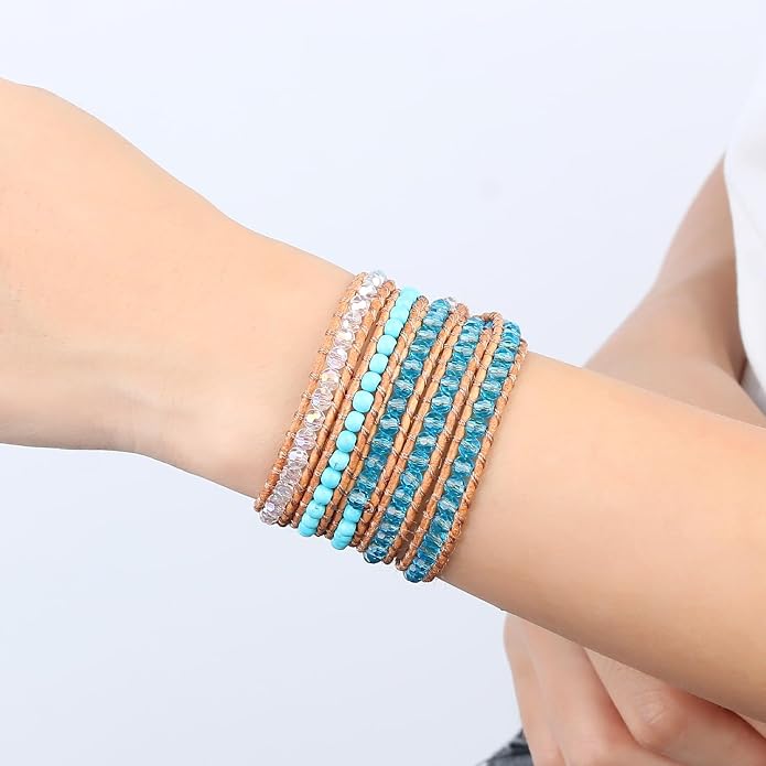 KELITCH Pearl Crystal Beads Bracelets Handmade Natural Leather 5 Wrap Bracelet for Women Classic Bangle Jewelry