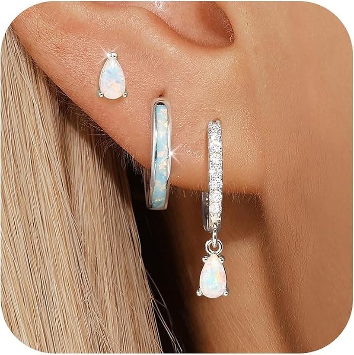 Opal Earrings Set for Women, Birthday Gift for Her, Sterling Silver | 14K Gold Plated, Hypoallergenic S925 Opal Hoop Stud Earrings for Women with Sensitive Ears, Dainty earring Stacks—Trendy Opals Jewelry 2026