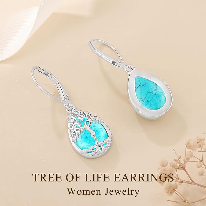 Odinstone 925 Sterling Silver Earrings Tree of Life Teardrop Moonstone Dangle Drop Leverback Earrings for Women