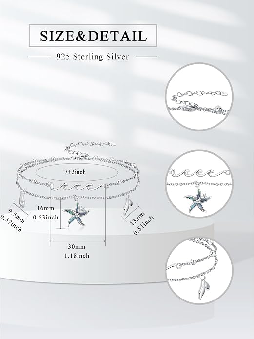Sea Turtle/Dolphin/Starfish/Seashell/Compass Bracelet for Women 925 Sterling Silver Ocean Wave Anklet Summer Hawaiian Jewelry Gift for Her