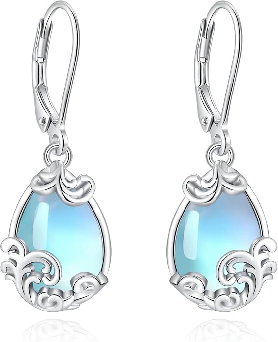 Vito 925 Sterling Silver Teardrop Earrings for Women, Moonstone Turquoise Drop Dangle Earrings Cat Snake Turtle Tree of Life Leverback Earrings Boho Jewelry Gift for Mom Wife