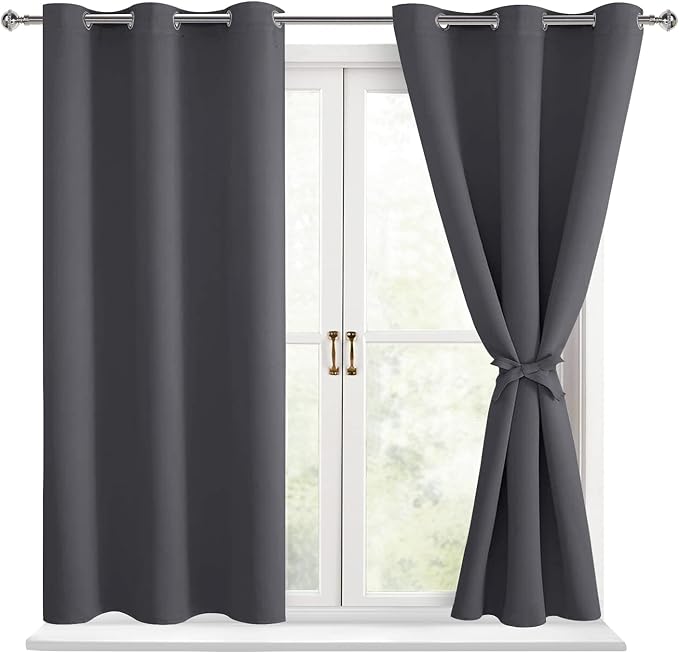 Hiasan Blackout Curtains for Bedroom - Thermal Insulated & Light Blocking Window Curtains for Living Room, 2 Drape Panels Sewn with Tiebacks, Dark Grey, 38 x 54 Inch