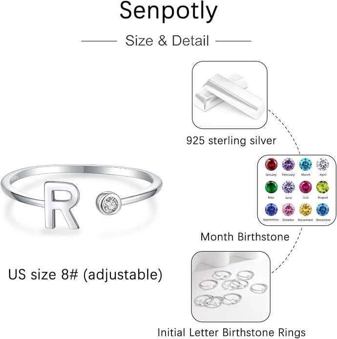 925 Sterling Silver Initial Letter Birthstone Rings for Women Adjustable 1-12 Month Birthstone Alphabet Stacking Ring for Teens Girls Stackable Birthstone Rings Birthday Jewelry Gift for Daughter Mom