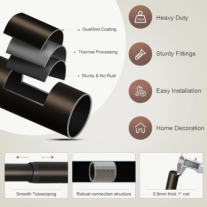 Lootkell 2 Pack Modern Brown Curtain Rods Set for Windows 48 to 84 Inches Adjustable Length Heavy Duty 1" Diameter Window Curtain Rod with Decorative Finials for Outdoor Bedroom Kitchen Living Room