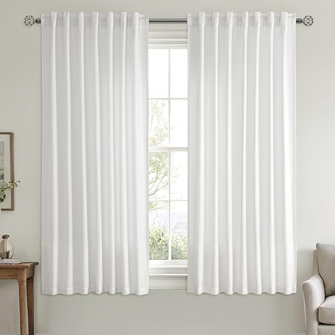 MIULEE Non-See-Through Privacy Linen Curtains 52W x 63L Inch Pure White | 2 Panels, Light Filtering, Semi Sheer Window Curtains, Farmhouse Textured, Back Tab Drapes for Bedroom Living Room
