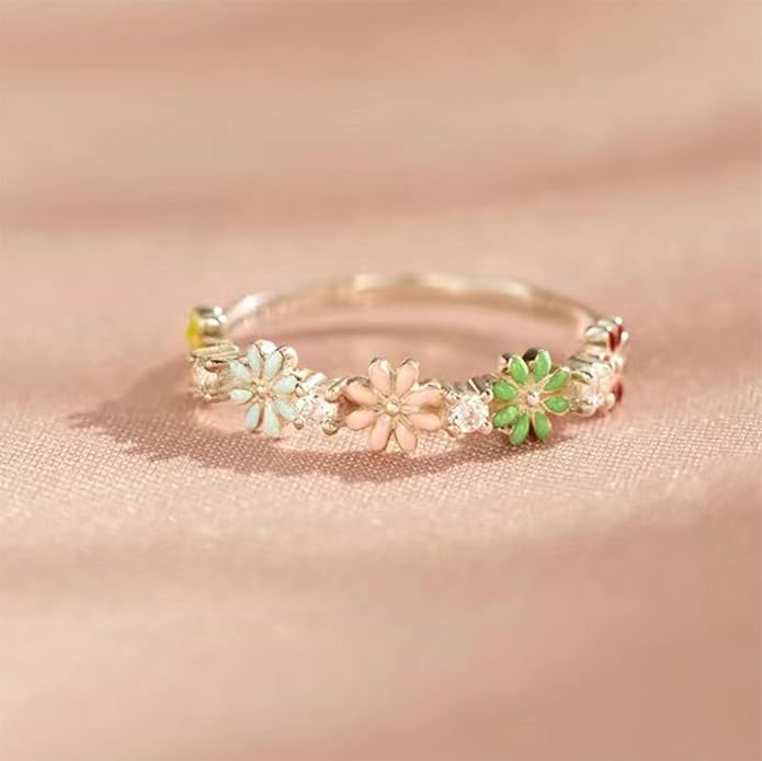 Color Daisy 925 Sterling Silver Wedding Band Plated with 18K White Gold Stackable Promise Engagement Rings Brand Jewelry Adjustable