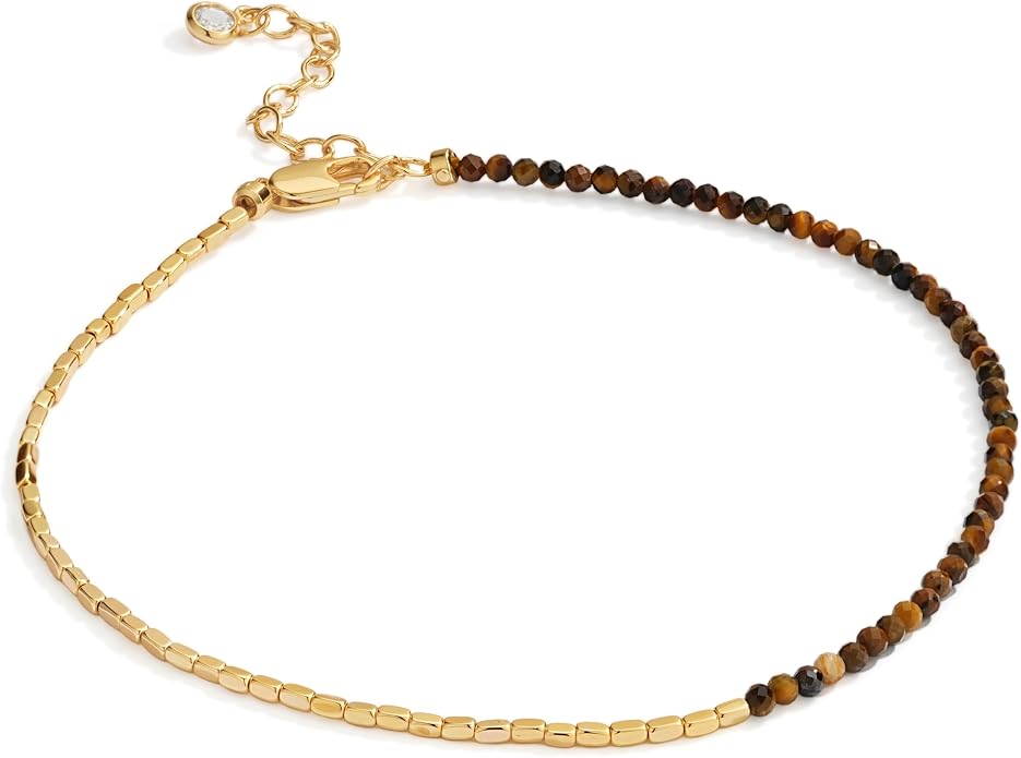DREMMY STUDIOS Gold Anklet Bracelets for Women 14K Gold Plated Stone Handmade Beaded Link Chain Anklets Jewelry Gift