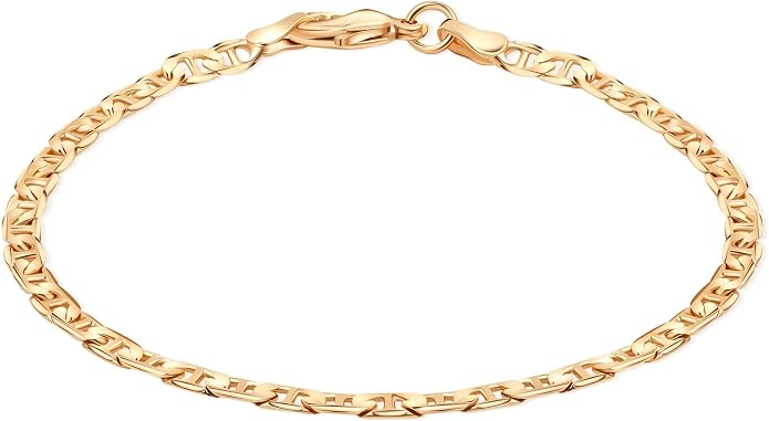 Barzel 18K Gold Plated Flat Mariner/Marina Link Chain Bracelet - Made In Brazil