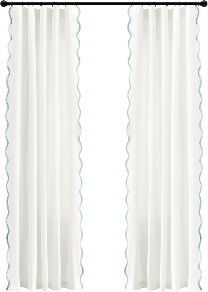 Lush Decor Coastal Chic Scalloped Edge Light Filtering Window Curtain Panels Pair, 52" W x 84" L, Blue & White - White Curtains for Living Room - Coastal Decor