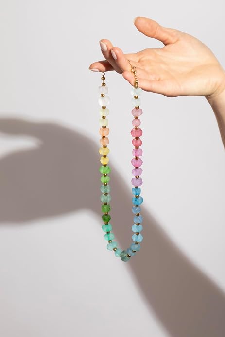 Chunky Frosted Sea Glass Beaded Necklace for Women - Handmade Recycled Glass, 18K Gold Plated or Silver Toned Stainless Steel, Adjustable 16-18 inch Boho Statement Necklace