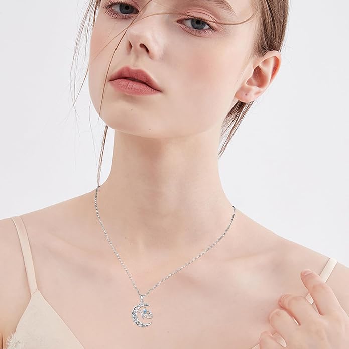 TRISHULA Crescent Moon Necklace 925 Sterling Silver Eye of Horus Animal Moon Pendant with Heart Crystal Birthday Jewelry Gift for Women Christmas Gifts for Her