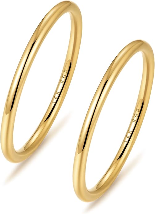 NOKMIT 1mm 14K Gold Filled Rings for Women Girls Thin Gold Ring Dainty Cute Stacking Stackable Thumb Pinky Band Non Tarnish Comfort Fit Size 4 to 11 1PC/2PCS/3PCS