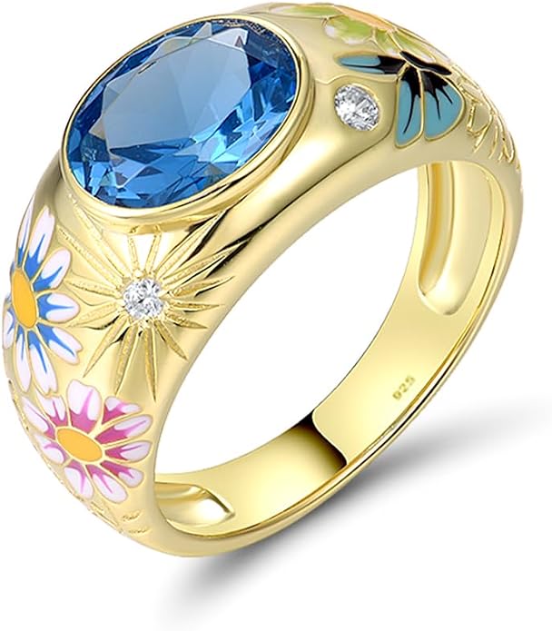 Santuzza 925 Sterling Silver Enamel Flower Pattern Ring for Women