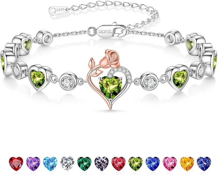 Iefil Birthstone Bracelets for Women - 925 Sterling Silver Rose Heart Charm Bracelets, Anniversary Birthday Gifts for Women Wife Mom Girlfriend Daughter, 6"+2"