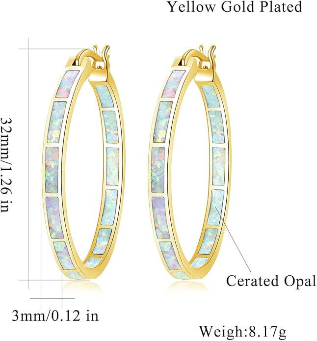 CiNily Opal Hoop Earrings,Women Jewelry Rhodium Plated/Rose Gold or Yellow Gold Plated Gemstone Big Hoop Earrings 32mm
