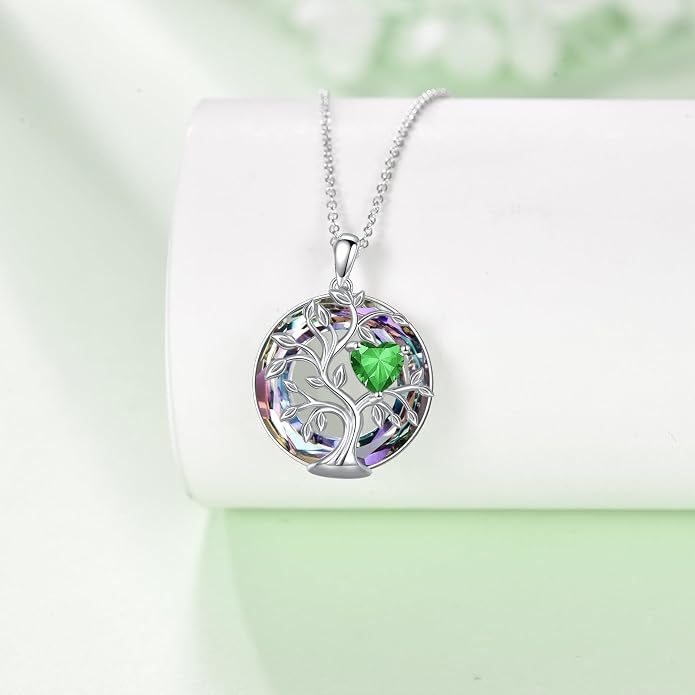 Tree Of Life Birthstone Necklace 925 Sterling Silver Crystal Family Tree Pendant Necklaces Heart Birthstone Jewelry For Women Female Anniversary Birthday Gifts
