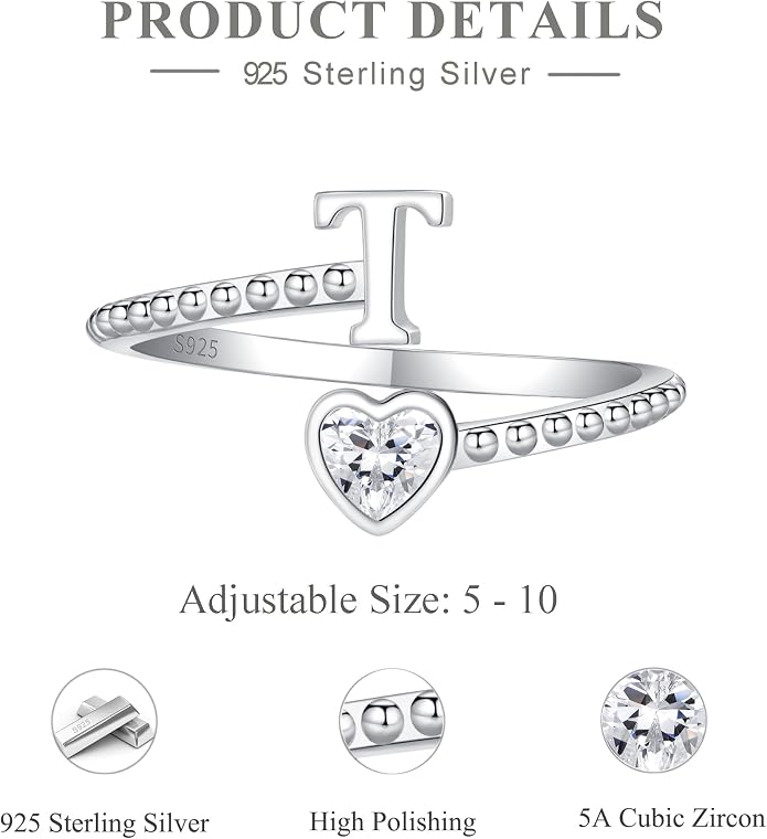 Step Forward 925 Sterling Silver Adjustable Initial Ring for Women | Non Tarnish Letter Rings for Lady | Alphabet Heart Thumb Rings | Capital Letter Jewelry Gifts