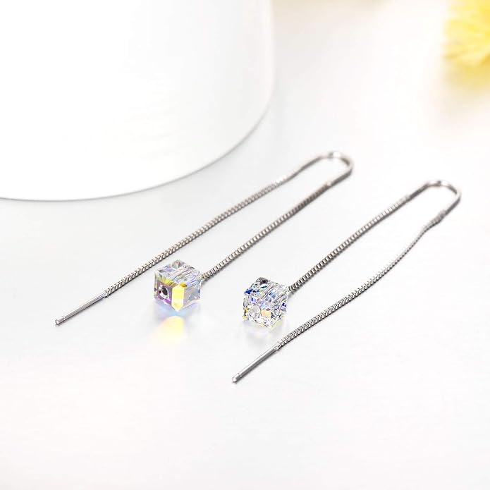AOBOCO Heart/Butterfly/Cube Threader Dangle Drop Earrings - 925 Sterling Silver Long Chain Earring for Women Baroque Hook Drop Earrings Crystals from Austria