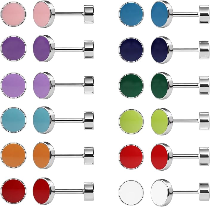 JMLOON 12 Pairs Enamel Flat Back Stud Earrings Surgical Stainless Steel Round Heart Star Square Hexagon Screw Back Stud Earrings