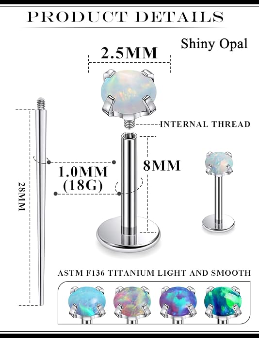 20G 18G 16G Astm F136 Titanium Internal Thread Flat Back Earrings Nose Studs Tragus Helix Conch Cartilage Lobe Earrings Medusa Labret Snake Bite Monroe Lip Ring Piercing Jewelry For Women Men